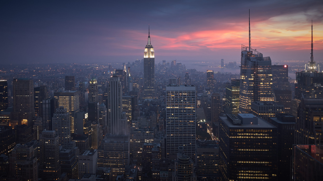 A high angle shot of a beautiful cityscape at sunset in New York City, USA